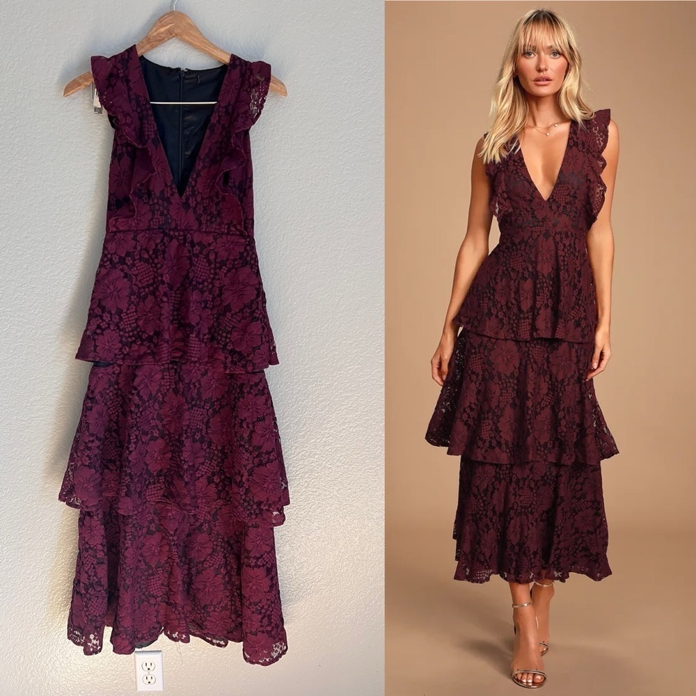 Molinetto Burgundy Lace Ruffled Tiered Sleeveless Maxi Dress